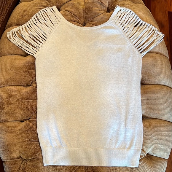 Armani Exchange Tops - Armani Exchange knitted silver size L top.lattice-sleeves. Excellent condition.